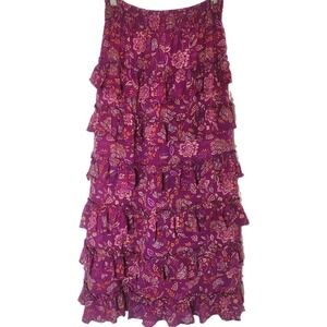 1.STATE Tiered Ruffle Maxi Skirt Boho Festival Floral Purple Pink Size M Cottage